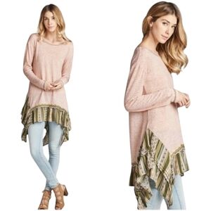 NWT Oddy Boho Tribal Shark Bite Hem Pink Ruffle Bottom Lagenlook M